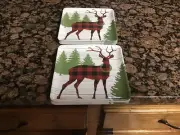 Cynthia Rowley Christmas Reindeer Appetizer Plates Melamine Buffalo Plaid Set 8