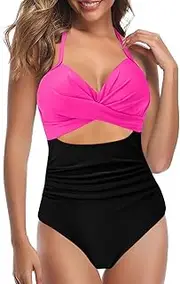 [Generic] Bikini Ruffles Sexy Cut Out Swimsuit with Waistband High Waist Front Swimsuit Striped Swimsuit (Hot Pink, L)