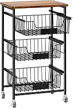 OKZEST 4-Tier Small Kitchen Storage Cart on Wheels, Metal Fruit Basket Stand with Pull-Out Baskets & Wood Top for Potato Onion Produce Snack Veggies