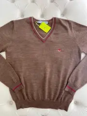 New ETRO Milano Pullover Lana Wool Knit Logo V neck Brown Sweater Men's L size
