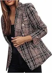[DSAoTeng] Women Print Suit Slim Double Breasted Blazer Jacket-Casual Elegant Slim Fit Lapel Tweed Long Sleeve Office Blazer Work Coat for Spring Fall