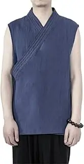 [Kelukes] Men Chinese Traditional Kimono Cardigan Cotton Linen Vest Casual Beach Tank Tops Sleeveless Slit Top, Blue, Large