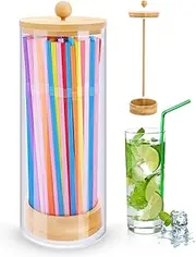 [JYPS] Plastic Straw Dispenser and 100 Pcs Drinking Straw Organizer Container with Bamboo Lid (10-Inch Height)