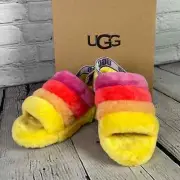 “NEW” UGG Fluff Yeah Pride Rainbow Yellow Slides! Size 5