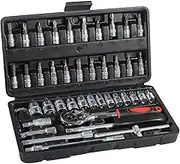 46pcs Drive Socket Set, 1/4 inch Socket Wrench Set Ratchet Set Mechanical Tool Kit with Bit Socket Set Metric and Extension Bar for Auto Repairing and Household, with Storage Case