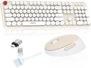 Cream Wireless Keyboard Mouse, COOFUN 104 Keys Full Size White Keyboard Ergonomic Cordless Keyboards Cute Colorful Retro Typewriter Key Board for Windows, PC, Laptop, Desktop (Creamy)