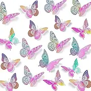 3D Butterfly Wall Stickers, 48 Pcs 3 Styles 3 Sizes, Removable Metallic Wall Sticker Room Mural Decals Decoration for Kids Bedroom Nursery Classroom Party Wedding Decor DIY Gift (Laser Pinkpurple)