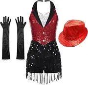 [Sinleey] Women Latin Salsa Tango Dress with Gloves Hat Sequin Tassel Cocktail Party Ballroom Dancewear