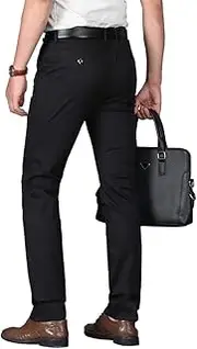 [Botong] Men's Slim Fit Comfort Casual Pants Wrinkle-Resistant Flat Front Suit Pants Black 31W/32L