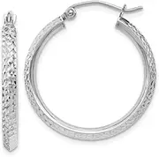 [Diamond2Deal] Men's 14K White Gold Knife Edge Diamond-cut 2.5x25mm Hoop Earrings