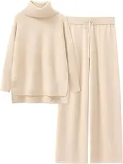 [ANRABESS] Women Two Piece Outfits Oversized Turtleneck Knit Pullover Sweater Top Wide Leg Pants Lounge Set Sweatsuit 2024 Fall