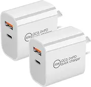 [2 Packs] USB Charger, 20W PD Charger USB-C Power Adapter QC 3.0 Charger AU-Plug Dual-Port USB Wall Charger Compatible with iPhone 12/13/14/15/Samsung Galaxy/Google Pixel