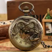 Bronze Mechanical Pocket Watch Mens Hand Wind Skeleton Dragon Design with Chain
