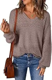 [Valtorixia] Womens V Neck Crochet Pullover Sweater Casual Long Sleeve Tops Fall Tops Loose Fit Lightweight Sweaters (Pink,Small)