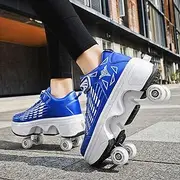 [RDJSHOP] Women Pulley Shoes, 2 in 1 Multifunctional Deformation Roller Skating Shoes, Double Row Skates Perfect Indoor Outdoor Sports for Adults Kids,Blue-8.5