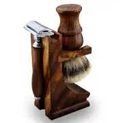 Wooden 3 Pieces Shaving Set For Men's with Silvertip Hair Brush, DE Safety Razor