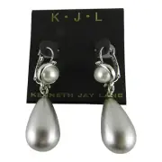 Kenneth Jay Lane Silver Tone 2 Pearl Teardrop Earrings Faux New on Card