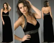 Adrianna Papell Black Silk Chiffon Metallic Beaded Halter Dress Gown 10
