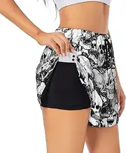 [FSCEV] Black and White Skulls Pattern Women's Athletic Shorts Summer Daily Leisure Loose Drawstring with Liner