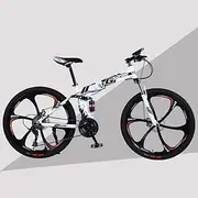 Folding Mountain Bike, 24"Double Disc Brakes Damping Mountain Bike 21 Speed High Carbon Steel Frame Unisex Variable Speed Folding Bicycle,White