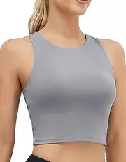 [Oalka] Women's High Neck Crop Top Sleeveless Racer Back Basic Workout Tank Tops Shirt