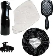 VIBESKIN Curly Hair Essentials Set - Mist Spray Bottle For Styling, Detangler Brush, Scalp Massager For Hair Growth, Silicone Scrubber, Turban Towel For Women, Microfiber Wrap, Satin Sleeping Bonnet