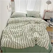 ALturn Green Stripe Series Printed Soft Bedding Set Duvet Cover Bedclothes Bedspread Pillowcases Flat Sheets Comforter Sets Compatible with Girls,Bedding Set, Queen Size 4pcs, XK001