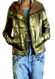 $550 ONE TEASPOON Rebel Distressed Gold Real Leather Biker Lapel Zip Jacket sz S