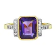 Art Deco Style Lab-Created Diamond Emerald Amethyst Ring 14K White Gold FN