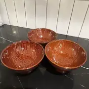 New Crate & Barrel Brown Rice Bowls Set Of 3 #238-694 Imprinted Floral Design