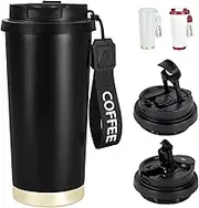 Icesip Insulated Coffee Tumblers with Dual-use Lid and Straw, 18oz Travel Mug with Leak-proof Lid, Stainless Steel Insulated Cup with Strap, Reusable Coffee Cup for Men and Women, Black