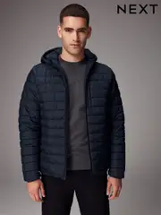 Navy Blue Shower Resistant Lightweight Hooded Puffer Coat Jacket (580964) | $87