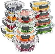 12pcs Mixed Sized Glass Food Storage Containers Set with Snap Locking Lids,Round;Rectangular&Square Glass Containers,BPA-Free,Dishwasher,Microwave Safe