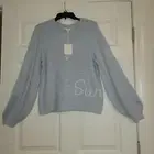 Lauren Conrad Blue Ballon Long Sleeve Sweater Embroidered Sunday Size Medium