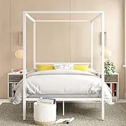 Zinus Patricia Double Bed Frame - White Canopy Four Poster Bed with Metal Slats