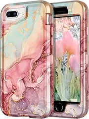 CASEFIV for iPhone 8 Plus/7 Plus/6 Plus/6s Plus Case, Marble Heavy Duty Shockproof Full Body Hard PC+Soft Silicone Drop Protective Women Girls Case, Rose Gold