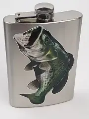 8oz Brushed STAINLESS STEEL FLASK w/ Photo-Realistic Large Mouth BASS Fish Decal
