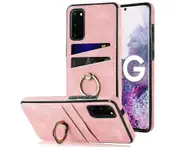 Full Protection Cover for Samsung Galaxy S20, 2 Cards PU Leather Case with Ring Holder - Pink
