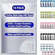 LinsKind 15 Pcs 5 Gallon Mylar Bags with 15 Pcs Individually Wrapped 2500CC Oxygen Absorbers for food storage, Zipper Resealable Heat Sealable Bags,24 Labels & 20 Pcs 1/2 Pint Mylar Bags(4 Colors)