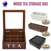 Wooden Tea Bag Chest Box Glass Window Wood Jewellery Storage Organiser Assorted