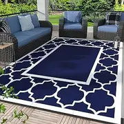 GENIMO 5' x 8' Outdoor Rug Waterproof for Patio Decor, Foldable Reversible Plastic Straw Area Rugs Mat for Camper, Outside Carpet for Rv, Deck, Porch, Picnic, Beach, Balcony, Blue & White