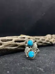 Native American Navajo king man turquoise Sterling Silver leaf Ring Size 8