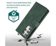 For Samsung Galaxy S21 Ultra Case, Leather Zipper Purse Flip Cover Case with Card Slot Holder Wrist Strap Lanyard (Dark Green)