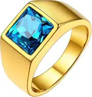 [FindChic] Stainless Steel Black/Blue Gemstone Signet Rings for Men Women Square Created Topaz/Custom Birthstone Nugget Ring for Party Anniversary Size 7 to 14 + Gift Box