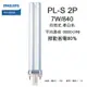 PHILIPS 飛利浦 PL-S 7W/840 2P 自然光 柔白色 燈管 省電燈管 / 緊密型燈管 照明燈 檯燈 崁燈