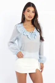 Blue Poet's Top V Neck Long Sleeve Frilled - Size 16XL, Women's Top