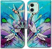 iPhone 12 Mini Case,Bcov Cute Dragonfly Leather Flip Phone Case Wallet Cover with Card Slot Holder Kickstand for iPhone 12 Mini