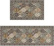 Boho Style Kitchen Rugs and Mats Set of 2 Farmhouse Rustic Kitchen Rugs Non Slip Super Absorbent Kitchen Mat for Sink Waterproof Runner Rug for Laundry Room