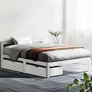 Artiss Double Bed Frame, Platform Beds Base Wooden Headboard for Double-Size Mattress with Timber Storage Drawers Under Bed Bedroom Room Decor Home Furniture, Modern Design White
