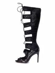 Black Leather Caryne Lace-Up Gladiator Boots